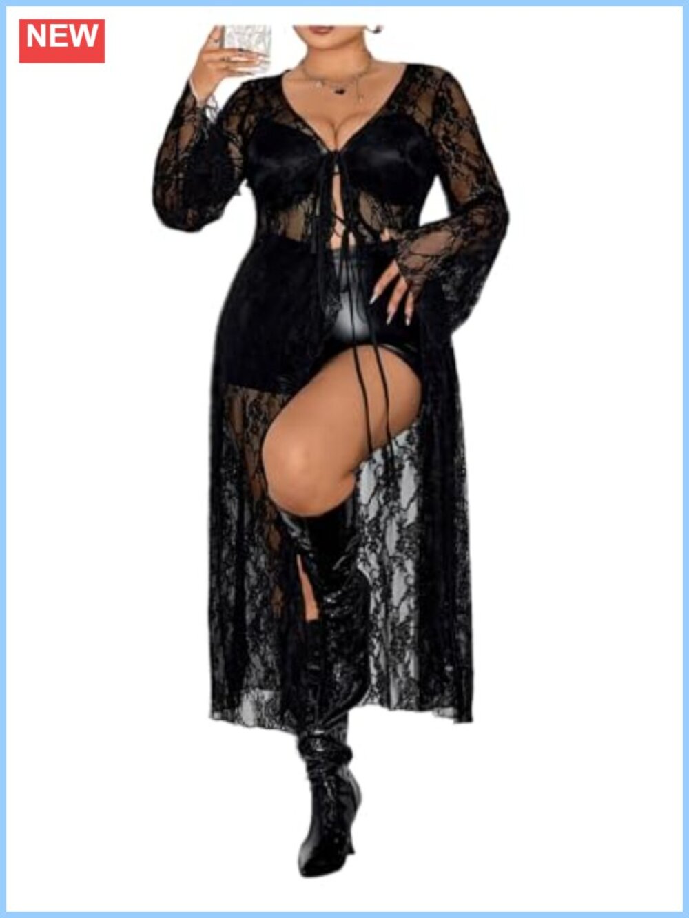 Plus Size Lace Duster Cardigan Gothic Long Kimono Bell Sleeve Tie Front